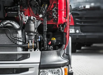 Broken Semi Truck Service Closeup Photo. Truck Maintenance Befor